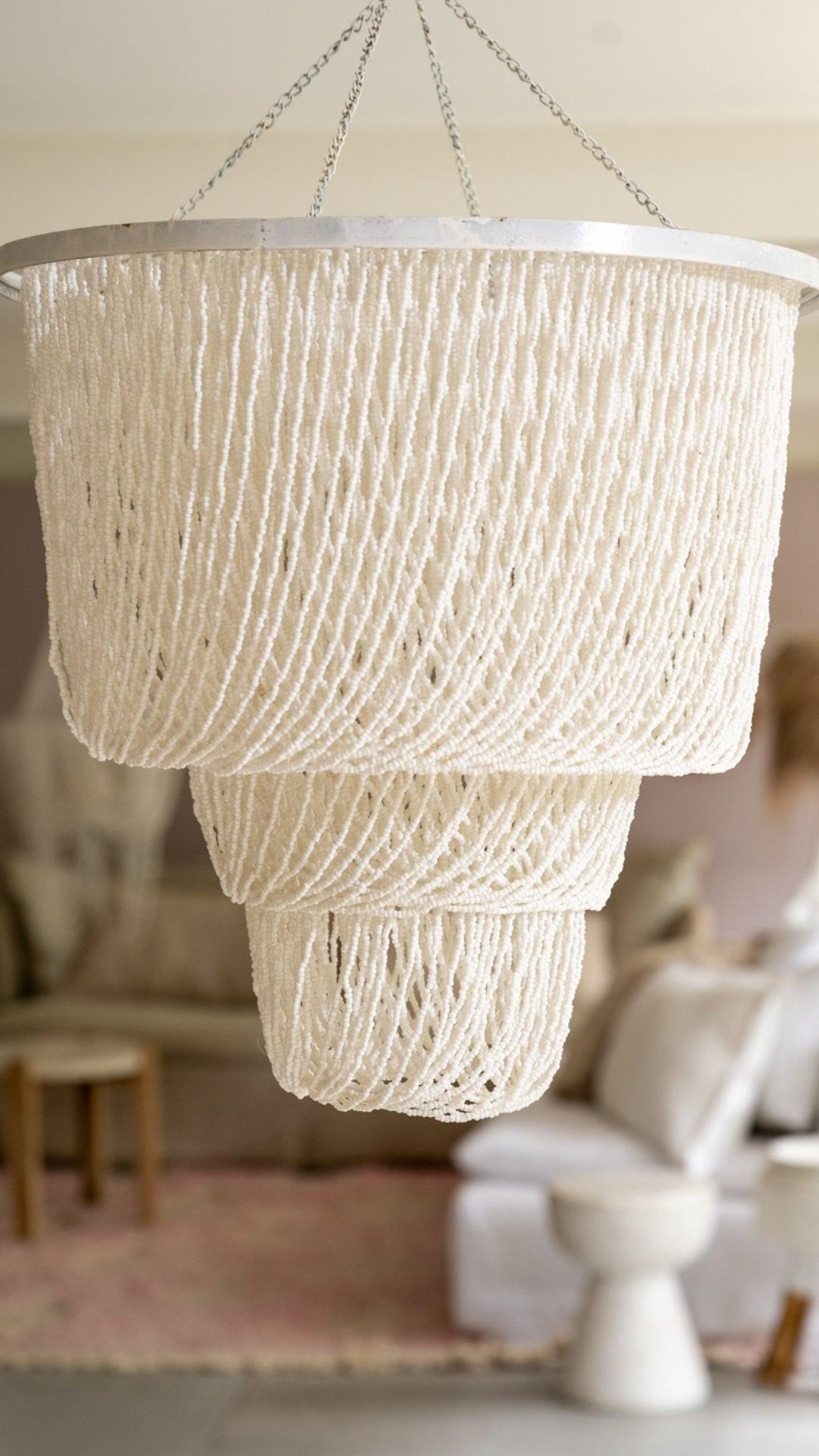 Boho Kralen Hanglamp | Handgemaakt Statement Piece 80 × 50 cm - wit.