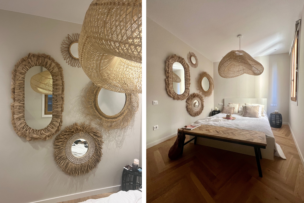 Organic-shaped rattan lamps, handcrafted in Bali, made of sustainable rattan material.