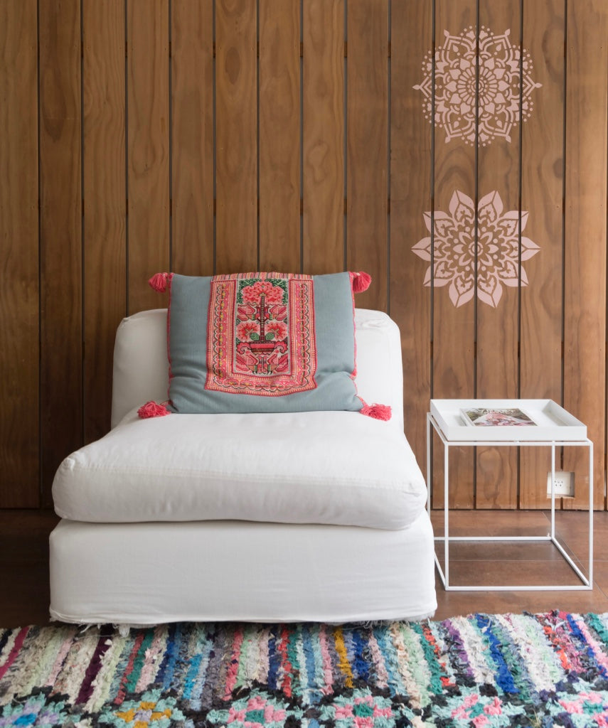 Pink Doily and tibet mandala stencils.