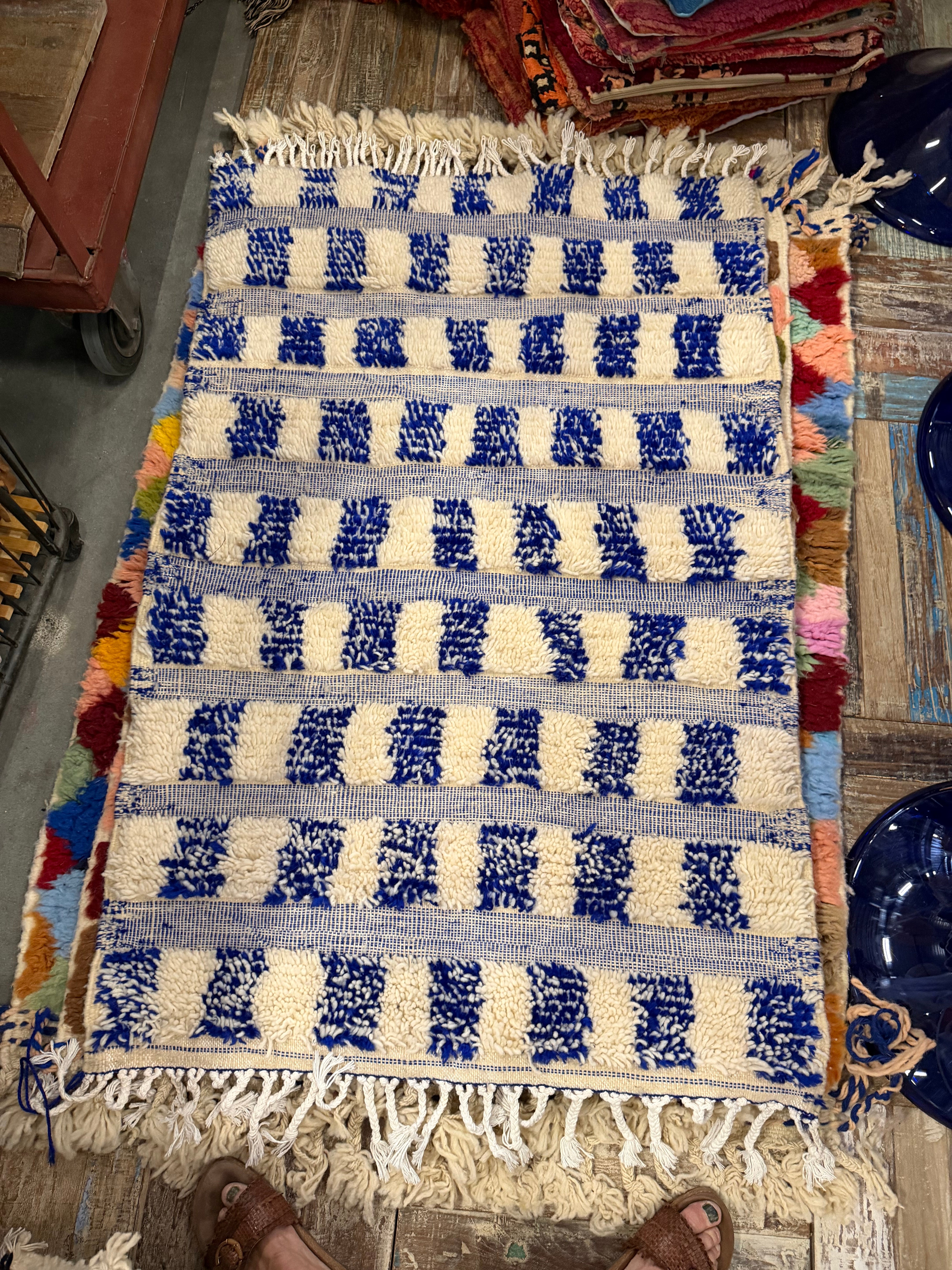 Jeans blauw blokjes· Berber Wollen Vloerkleed · 150 x 100 cm