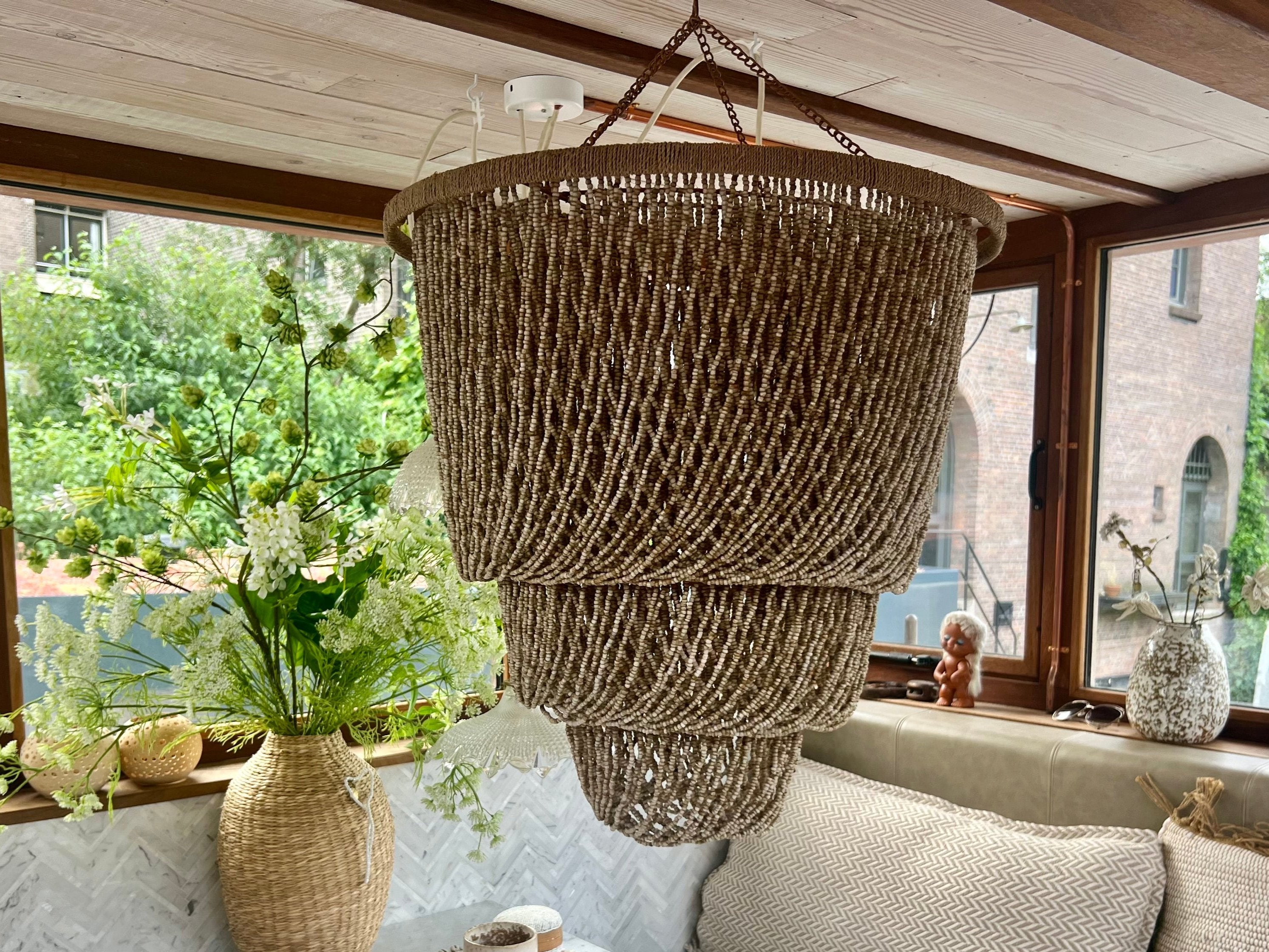 Natural Beaded Hanging Lamp - Boho Chic Lighting | Mandala Stencils