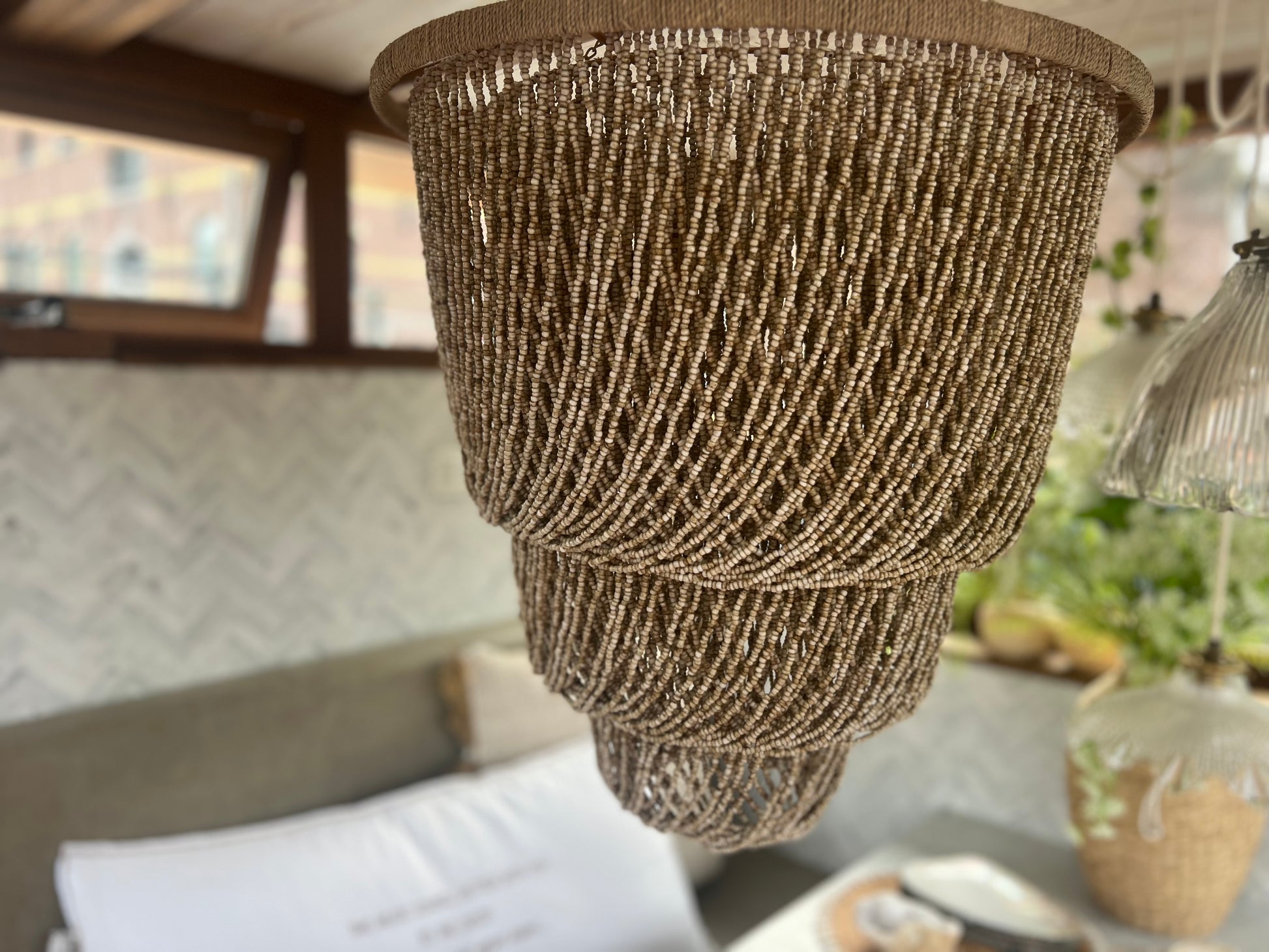 Natural Beaded Hanging Lamp - Boho Chic Lighting | Mandala Stencils
