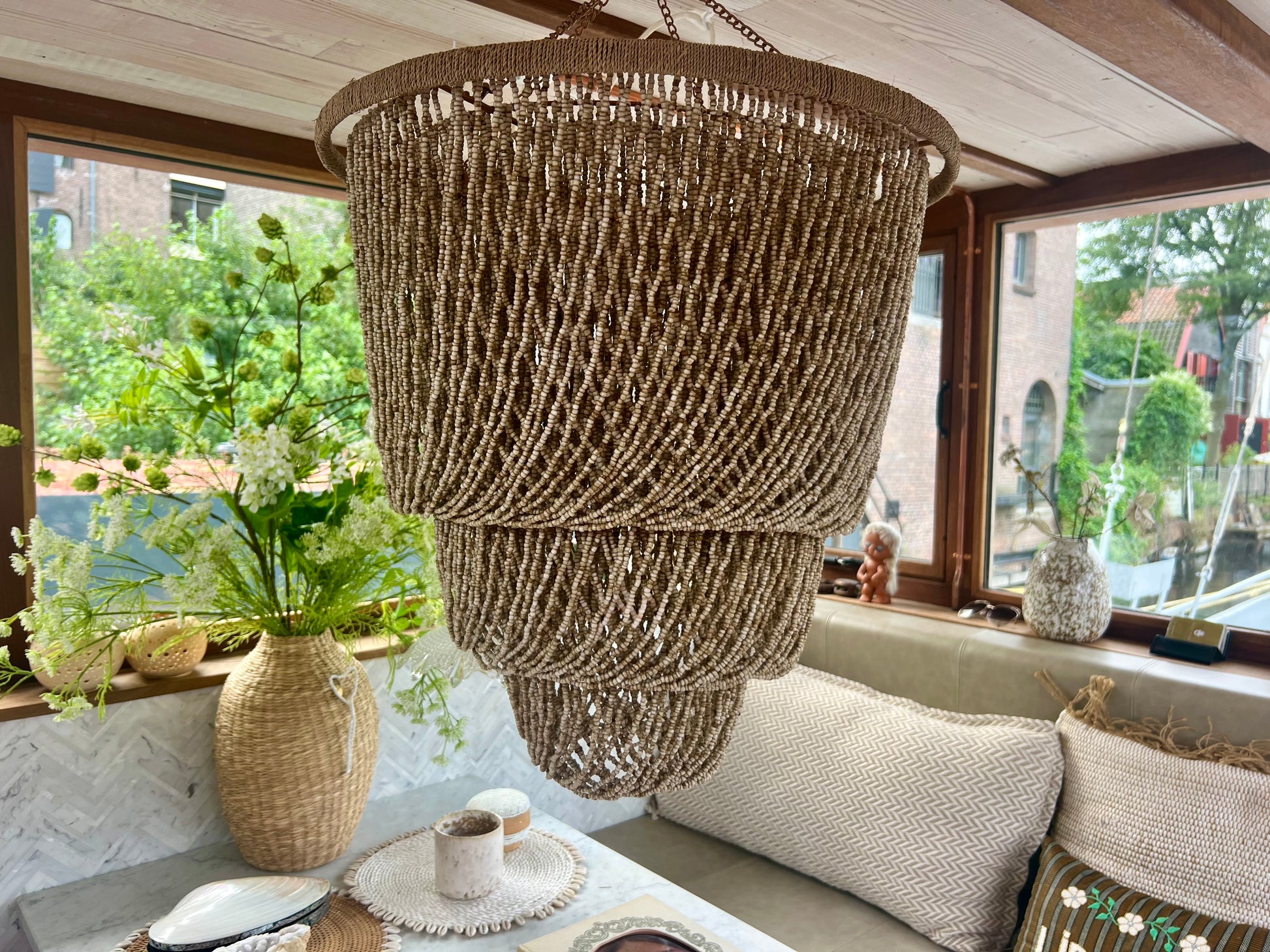 Natural Beaded Hanging Lamp - Boho Chic Lighting | Mandala Stencils