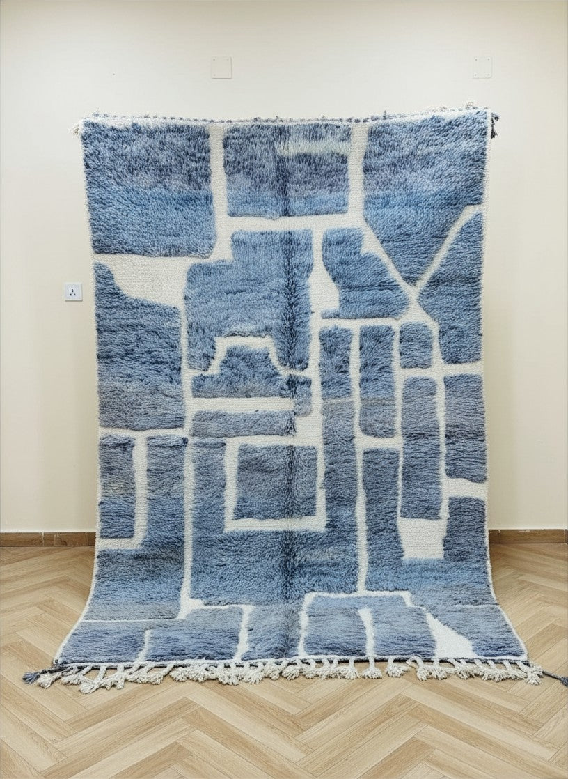 Jeans blauw en crème artistiek tapijt - 160 x 260 cm - 100% Wol | uniek stuk