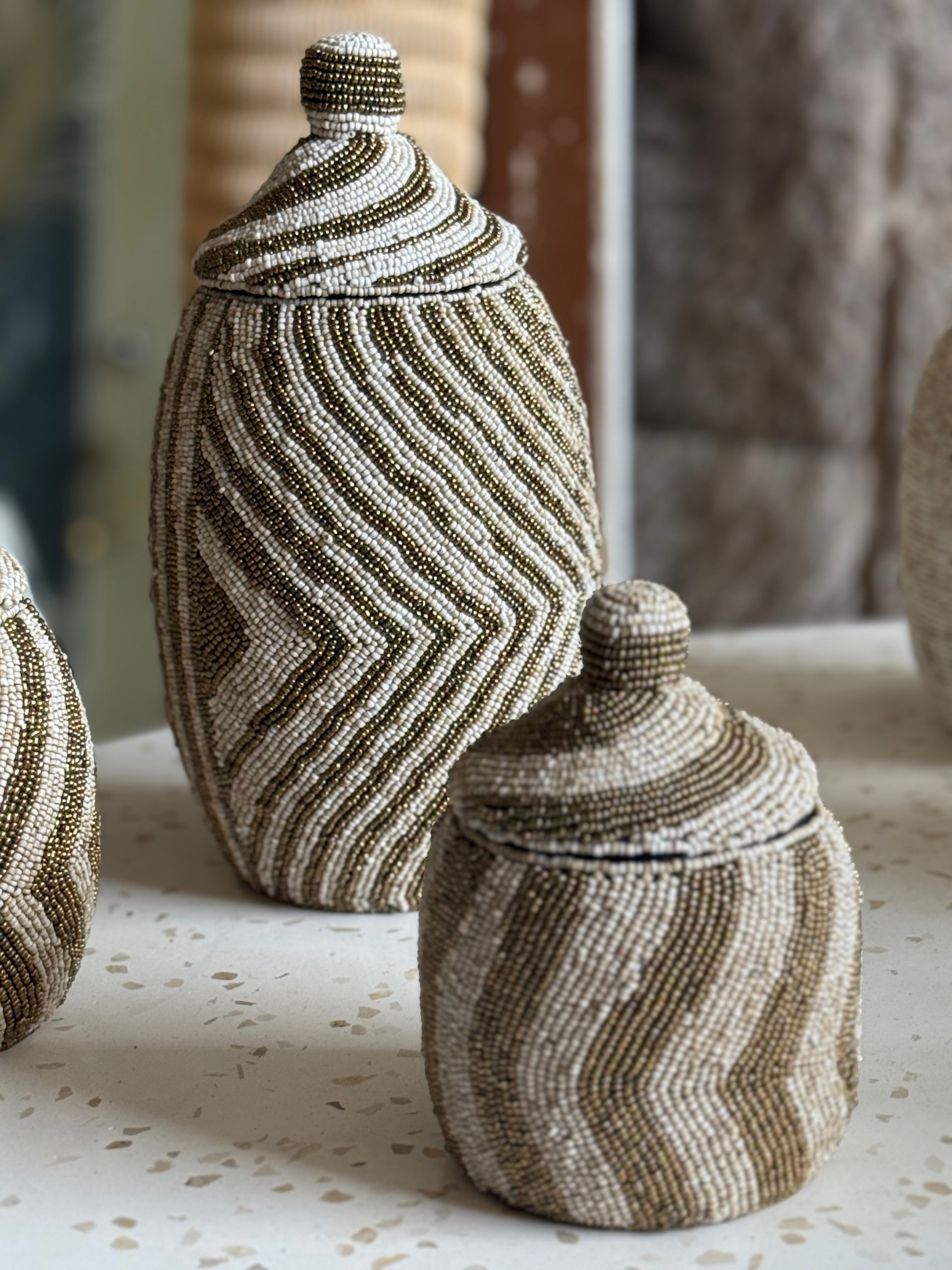 Set van 3 - houten sier vazen met kralenwerk