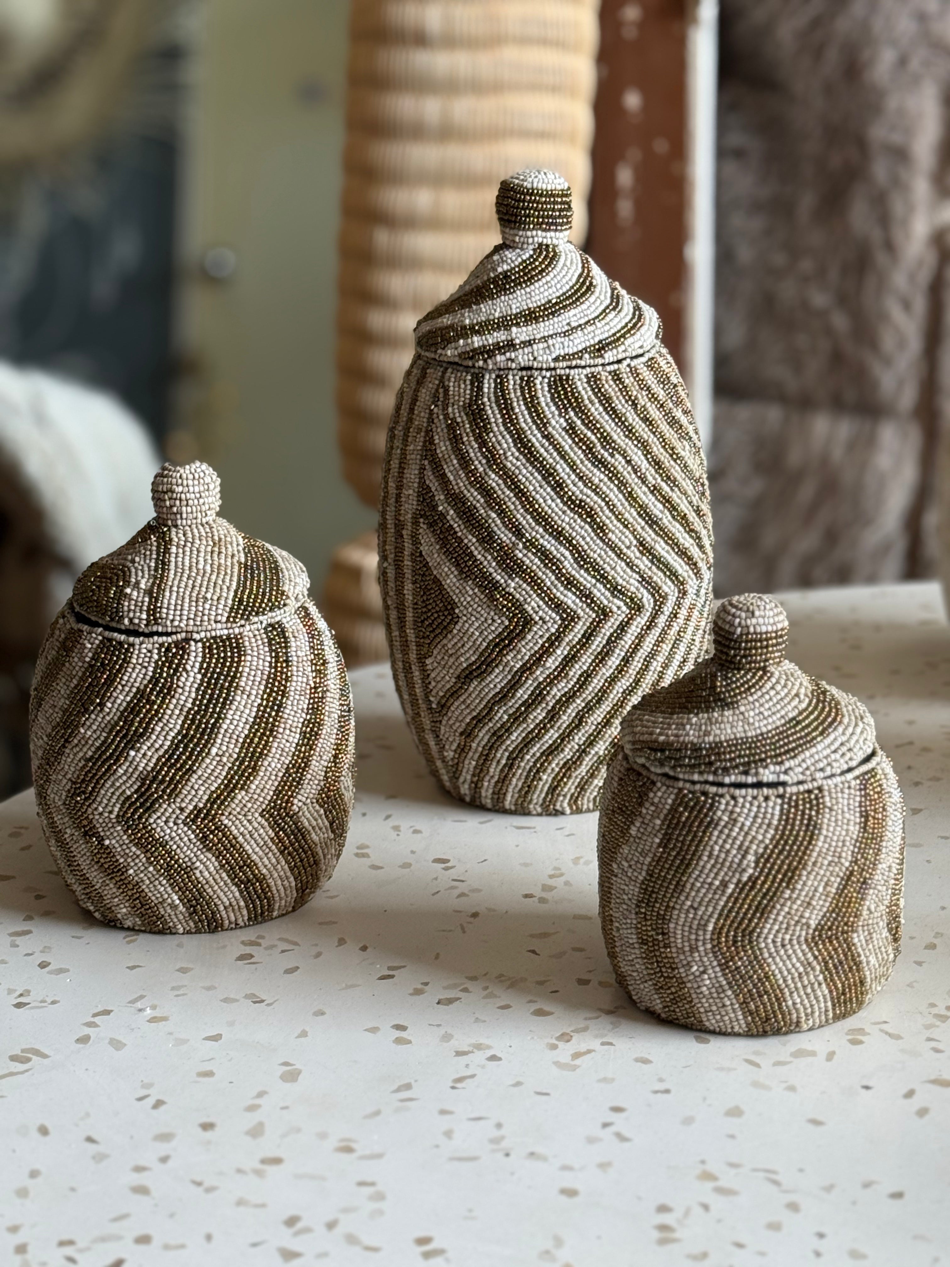 Set van 3 - houten sier vazen met kralenwerk