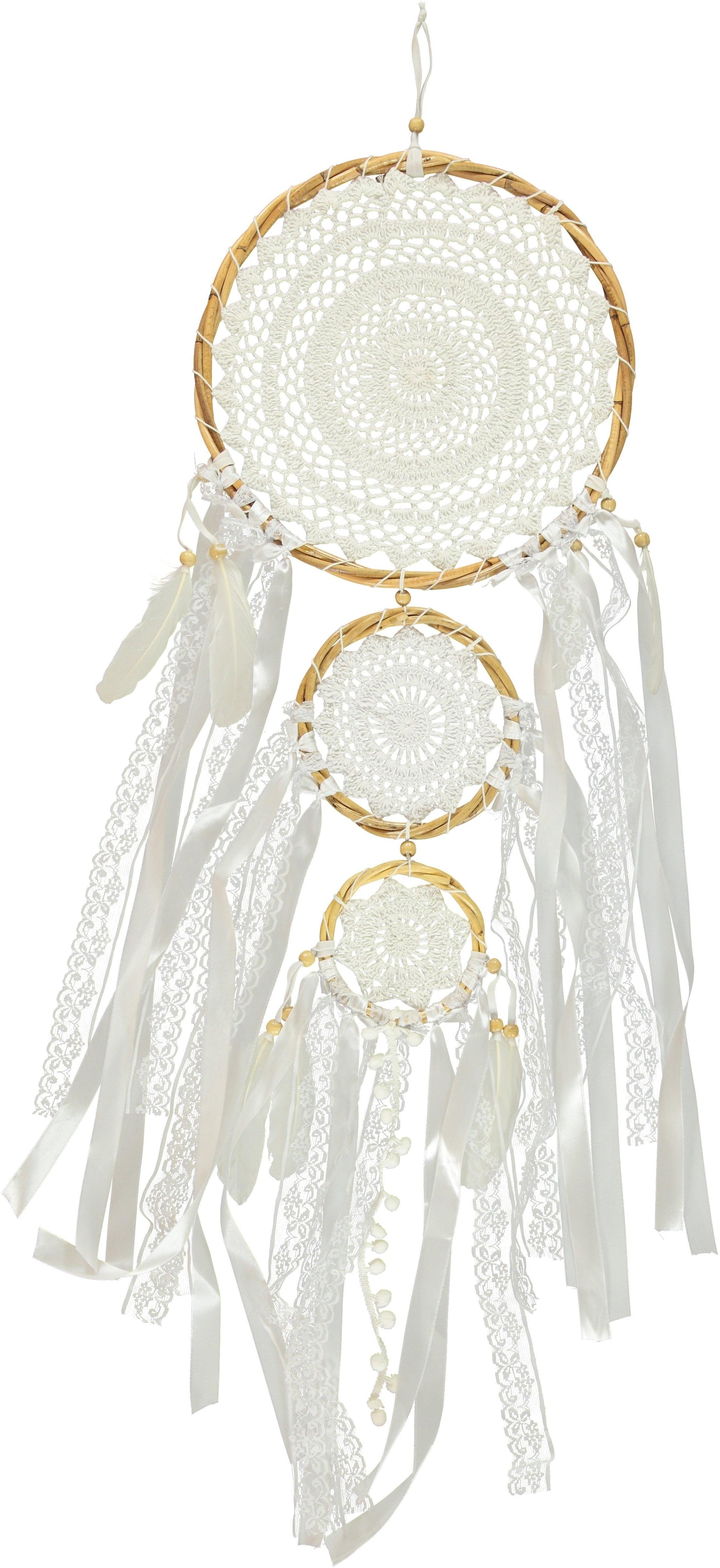 White dream catcher trio with intricate lace webbing, ribbons, pompoms, and 42 cm wooden hoops.