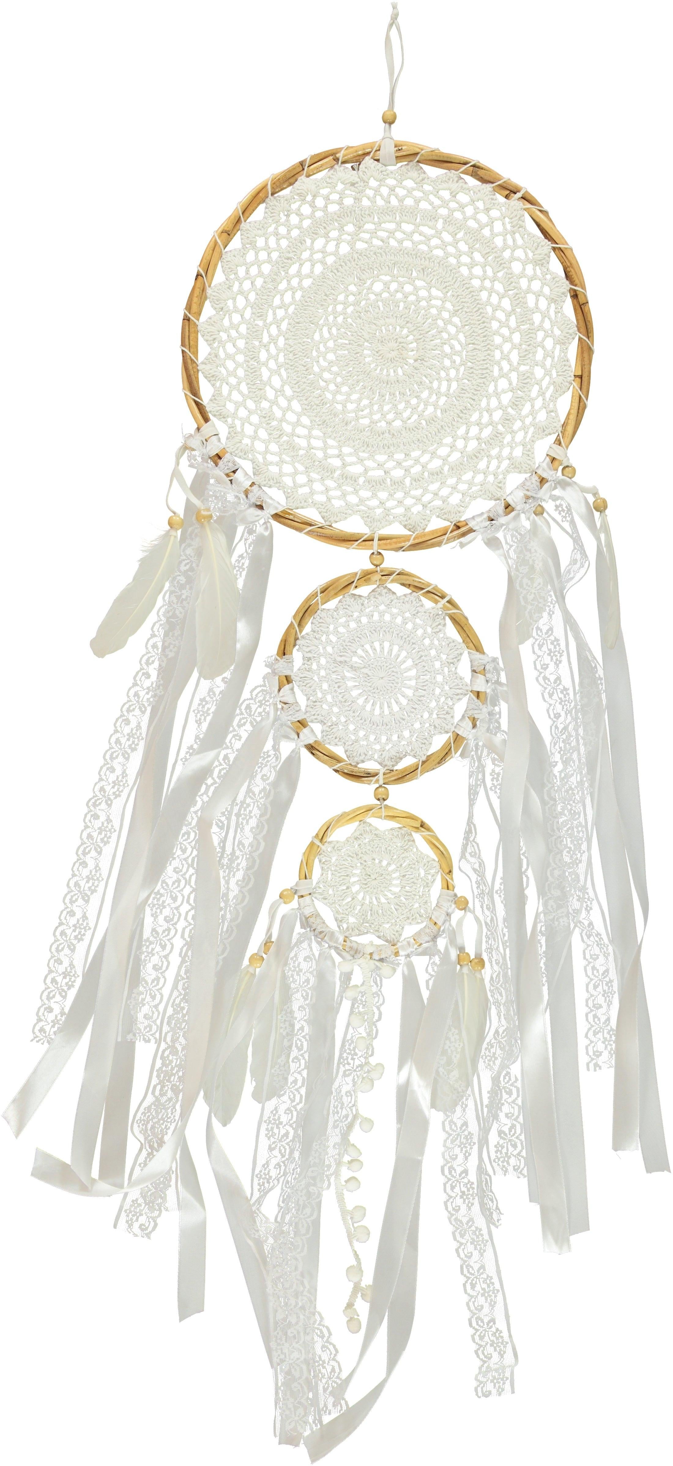 White dream catcher trio with intricate lace webbing, ribbons, pompoms, and 42 cm wooden hoops.