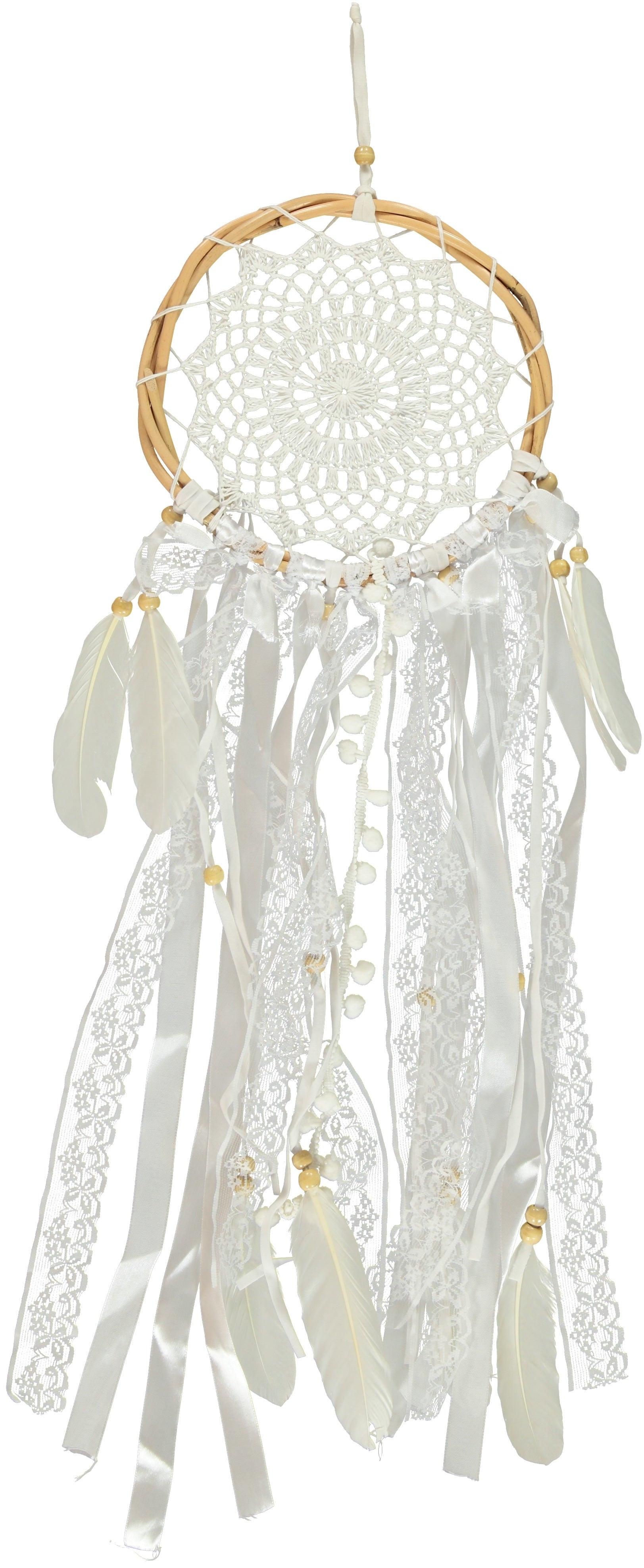 White 32cm dreamcatcher with intricate woven center, natural rotan hoop, lace and feather details.
