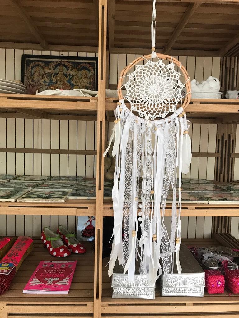 Small 22cm handmade dream catcher with white crochet center and long white lace and ribbon tassels.
